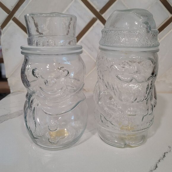 Vintage Libbey Santa Claus & Snowman Cookie Candy Glass Jar With Lids Holiday - Picture 6 of 14
